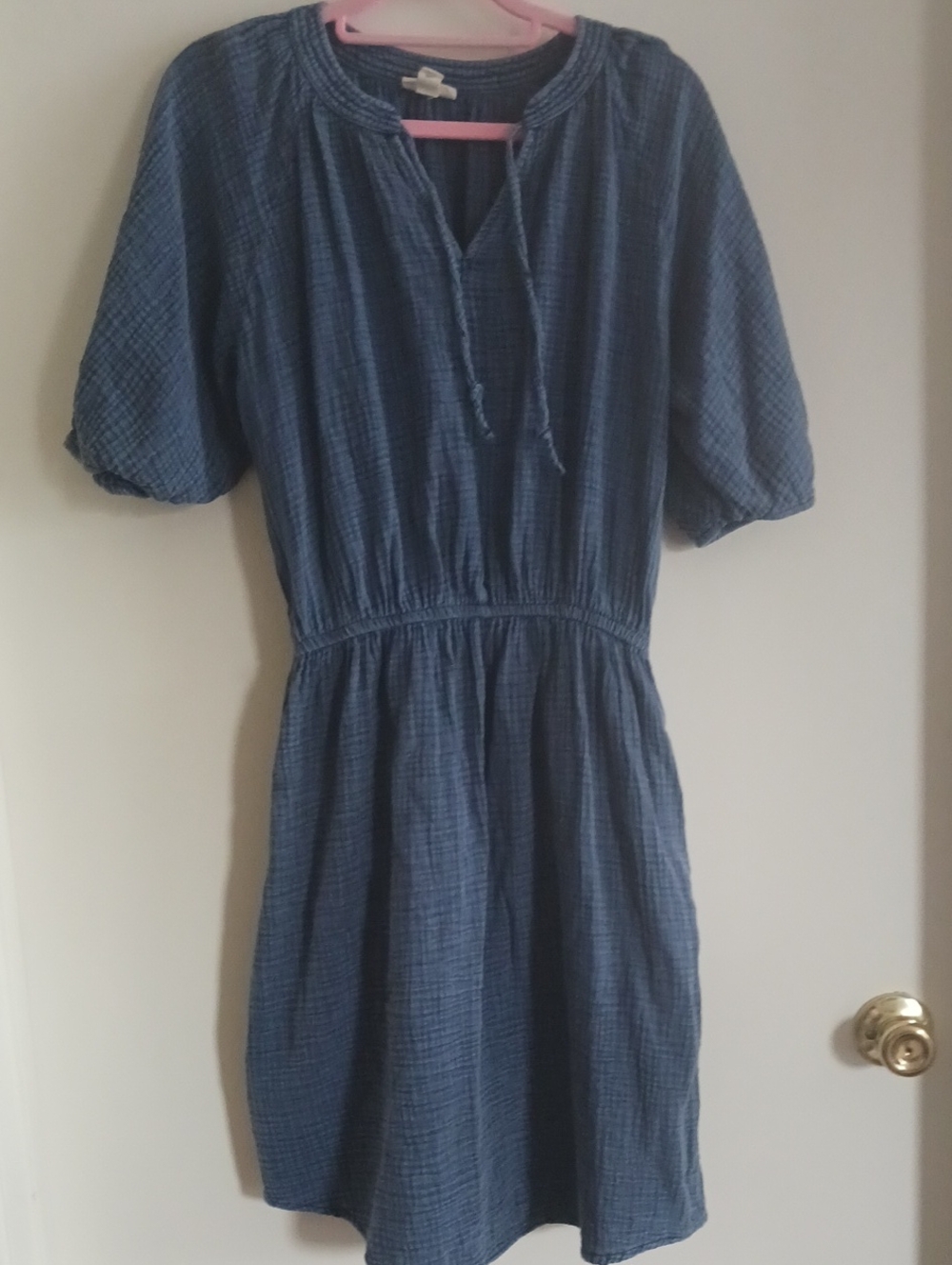 a.n.a Blue Cotton Gauze Tie-Neck Midi Dress